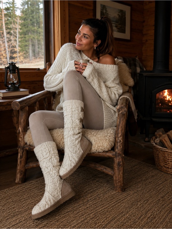 UGG Shoes - UGG Classic Cardy Knit Tall Boots Cream Cable Knit Cozy Cabincore Size 8 EUC